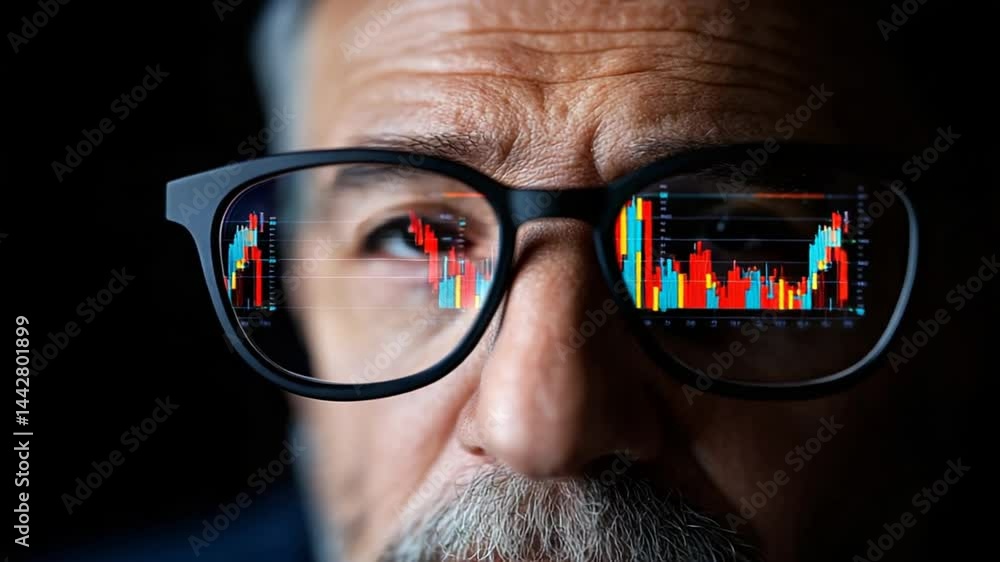 Poster senior man with glasses displaying financial charts and data in eyes conveying deep analysis and con