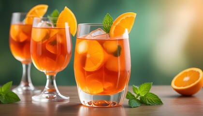 Fototapeta premium A delightful view of refreshing cocktails with orange slices and mint sprigs in glasses.