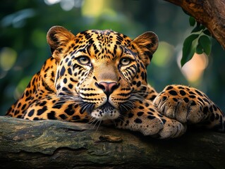 Obraz premium a close-up of a Jaguar resting on a tree branch