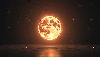 Bright full moon glowing against a dark background with sparkling stars