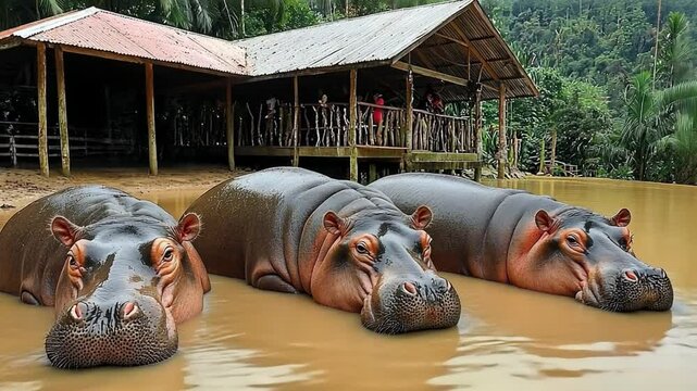 Three Hippos Relaxing in Calm Brown Water Near a Rustic Shelter in Lush Greenery