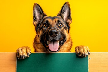 Blank board furry pose. Isolated doggy on a solid outfit bright orange background. Ð¡ute dog german shepherd hold in front paws a design draft - large green alley sign. Isolated sign animal.