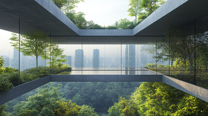 Modern architectural design features elevated platform surrounded by lush greenery and glass