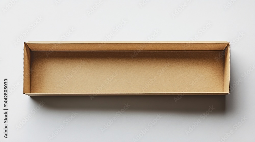 Poster an overhead shot showcasing an empty rectangular cardboard box on white