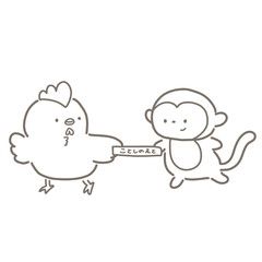 今年の干支のバトンをリレーで渡すサルと受け取るトリ　白黒