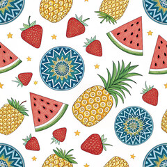 Seamless Pattern of Watermelons, Pineapples, Strawberries, and Citrus Fruits on White Background

