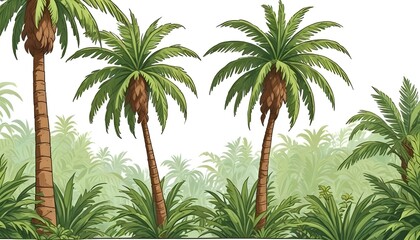 Obraz premium Colorful illustration of a tropical forest scene, featuring palm trees in a green environment.