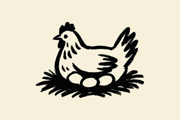 Hen sitting on eggs in nest, cartoon sketch with bold black lines

