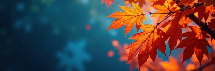 Fototapeta premium Flame-hued oak bough against brilliant blue, autumn's embrace , color, tree, leaves