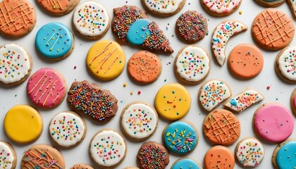 A vibrant arrangement of various cookies, each adorned with colorful frosting and sprinkles on white surface.