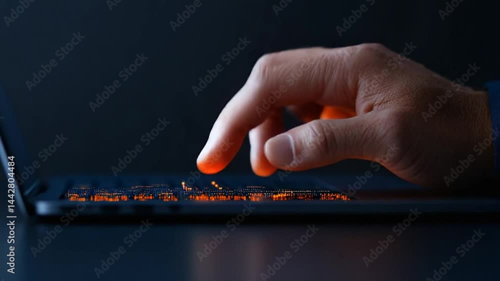Poster close-up of hand typing on laptop keyboard in dark environment with illuminated keys