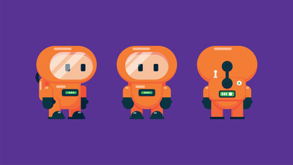 Cute E-sports Mascot Vector Illustration Character in Orange Hazmat Suit Front, Side, and Back Views. This cartoon-style figure is perfect for use as an e-sports team mascot and a gaming avatar. © Aat