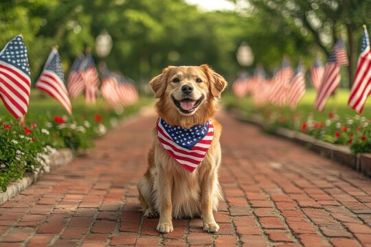Patriotic golden retriever dog wearing american flag bandana on th of july independence day celebration