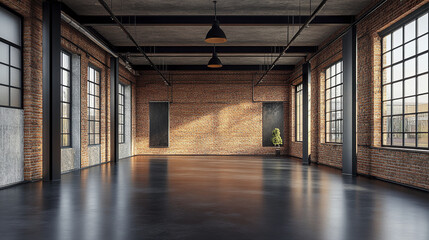 Empty industrial loft space with exposed brick walls and large windows, creating bright