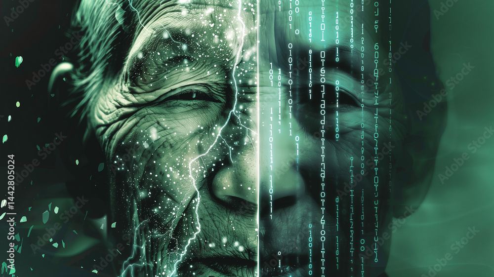 Aufkleber this visuals of consciousness transfer merging human traits with a digital data landscape.
