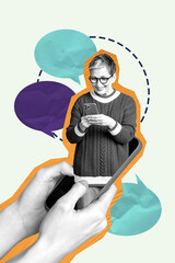 Trend image vertical art photo collage of happy old woman peek phone screen type message bubble notification speech correspondence