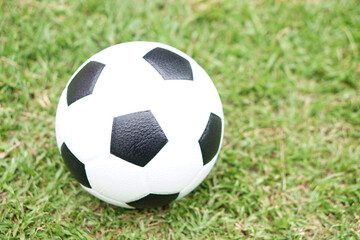 Fototapeta premium Football, soccer ball on green grass field background. Concept, Sport equipment. sport, workout, exercise for health. Hobby. Football match. 