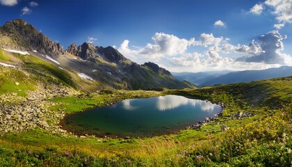 Naklejka premium picturesque small lake high in the mountains against the backdrop of sky