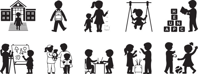 Childcare Icons Set School, Play, Learning and Family