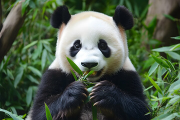 Obraz premium Cute Panda Sitting Peacefully While Eating Fresh Bamboo