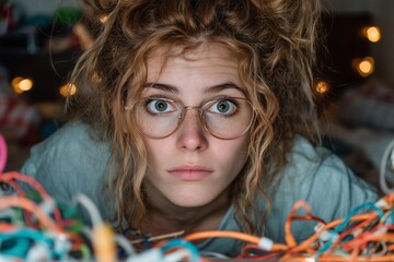 Curious Woman with Glasses Amidst Colorful Wires: A Focused Gaze