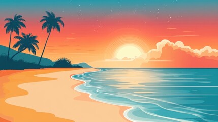 Fototapeta premium Serene Tropical Beach at Sunset with Palm Trees and Calm Ocean Waves Under a Colorful Sky