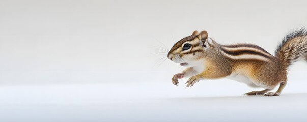 Chipmunk mid leap captured against a stark white background