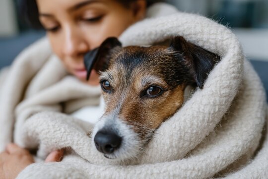 A serene scene of a woman cozying up with her dog, both wrapped in a soft blanket, reflecting warmth, companionship, and tranquility on a peaceful day indoors.