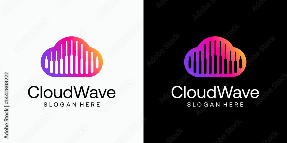 Poster negative space sound wave vector logo design in cloud shape with modern, simple, clean and abstract 