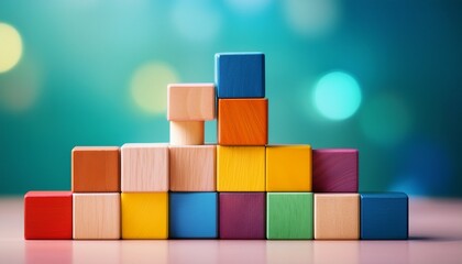 colorful wooden blocks stacked creatively on a bright background