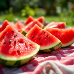 Close-up of juicy watermelon slices with seeds visible, resting on a picnic blanket in a backyard garden, bright sunlight, summer day.