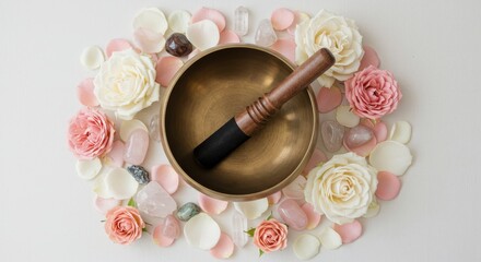 Top view of singing bowl surrounded by flower petals and crystals