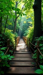 Naklejka premium Wooden planks & rope bridge over dense woodland, crossing, below, adventure