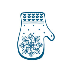 Hand drawn outline mitten design element. Holiday ornament sketch doodle.Vector illustration for decorate Christmas cards, banners, background