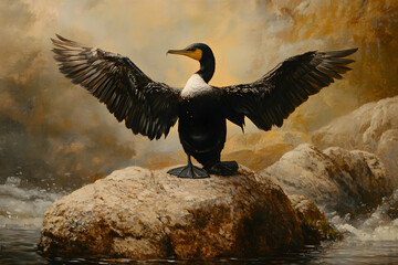 Fototapeta premium Cormorant Spreading Wings on Riverside Rock