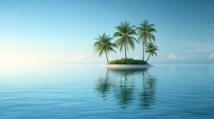 Tranquil Tropical Island with Palm Trees Reflecting in Calm Crystal Clear Water During Serene Sunrise
