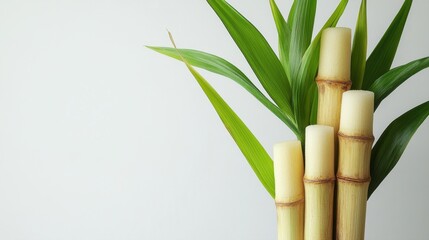 Fototapeta premium Green bamboo stalks with fresh leaves on a light background representing natural beauty and tranquility