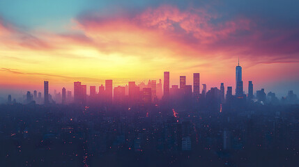 stunning urban skyline silhouette at dawn, showcasing vibrant colors and serene atmosphere