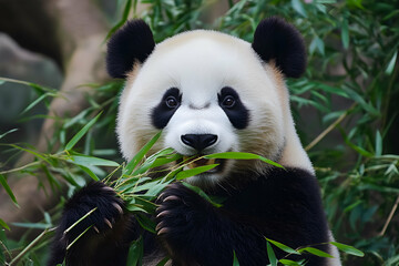 Fototapeta premium Detailed Portrait of Gentle Giant Panda Munching on Bamboo