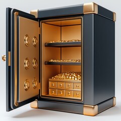 3D cartoon safe box with open door and gold inside, white solid background