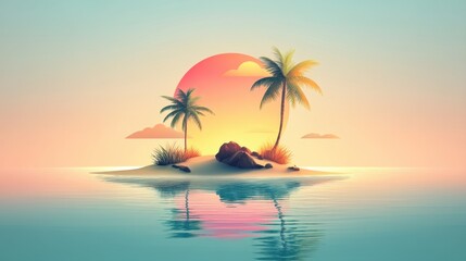 Obraz premium Serene Tropical Sunset Over a Calm Ocean with Silhouetted Palm Trees and Gentle Waves on an Isolated Island