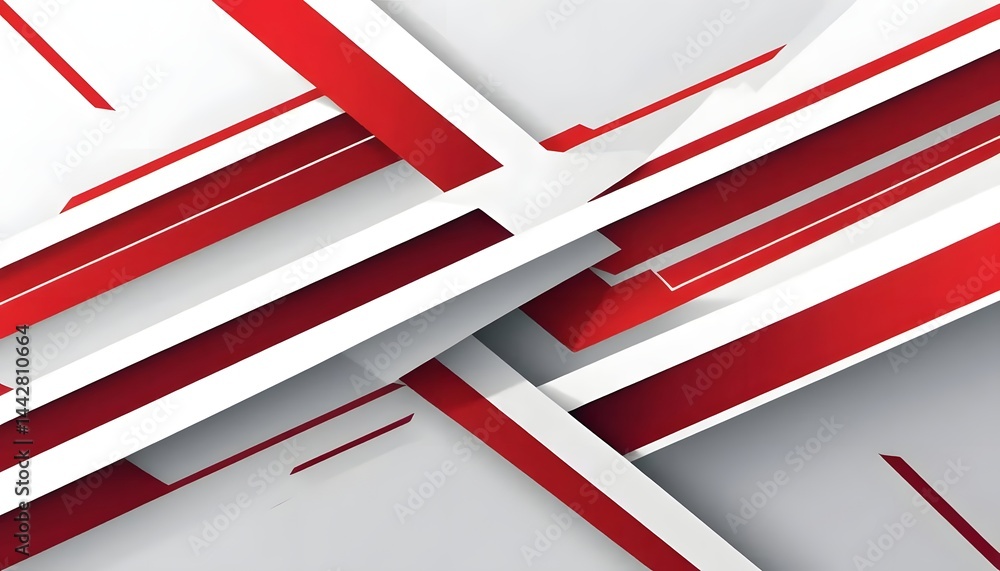 Poster abstract red and white geometric shapes overlapping on a light gray background creating a modern des