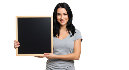 Smiling Woman Holding Black Chalkboard – Isolated Studio Portrait on White Background