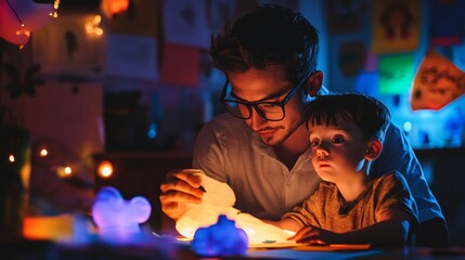 Obraz premium Dedicated parent crafts a unique costume for child s school play, staying up late to create magic