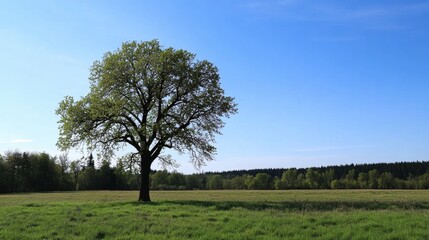 Obraz premium Majestic Single Oak Tree Standing Tall in Open Meadow Under Blue Sky