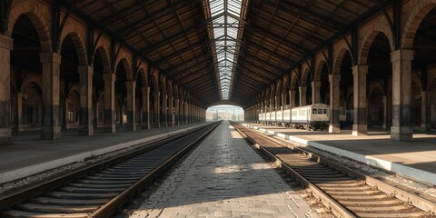 Obraz premium Historic Train Station Platform Arched Roof Railway Tracks and Train