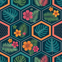 "Seamless Tropical Botanical Pattern with Hexagonal Tiles and Exotic Leaves in Vibrant Colors"


