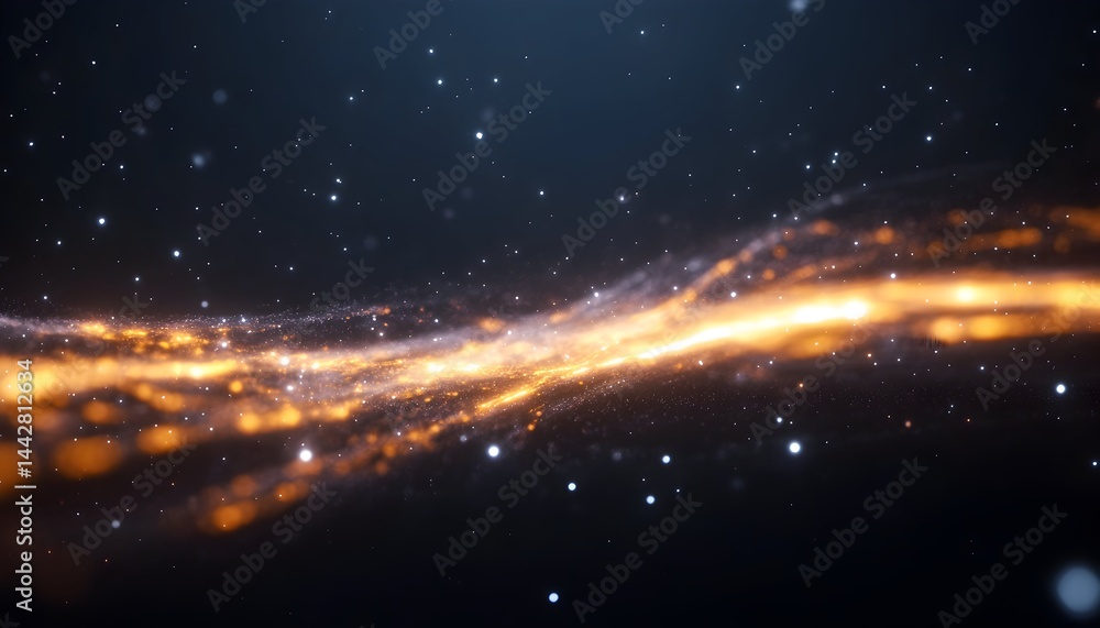 Poster abstract glowing orange wave with sparkling particles on dark background