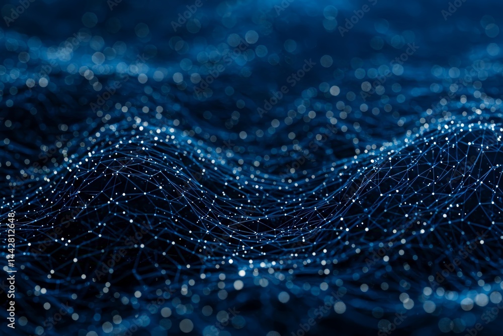 Poster abstract digital landscape of interconnected blue lines and dots forming wave-like patterns, resembl