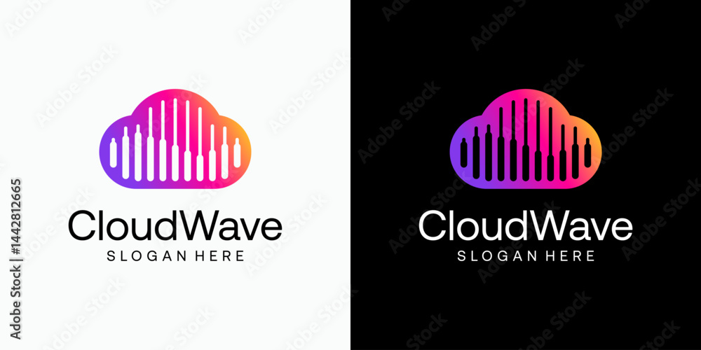 Poster negative space sound wave vector logo design in cloud shape with modern, simple, clean and abstract 